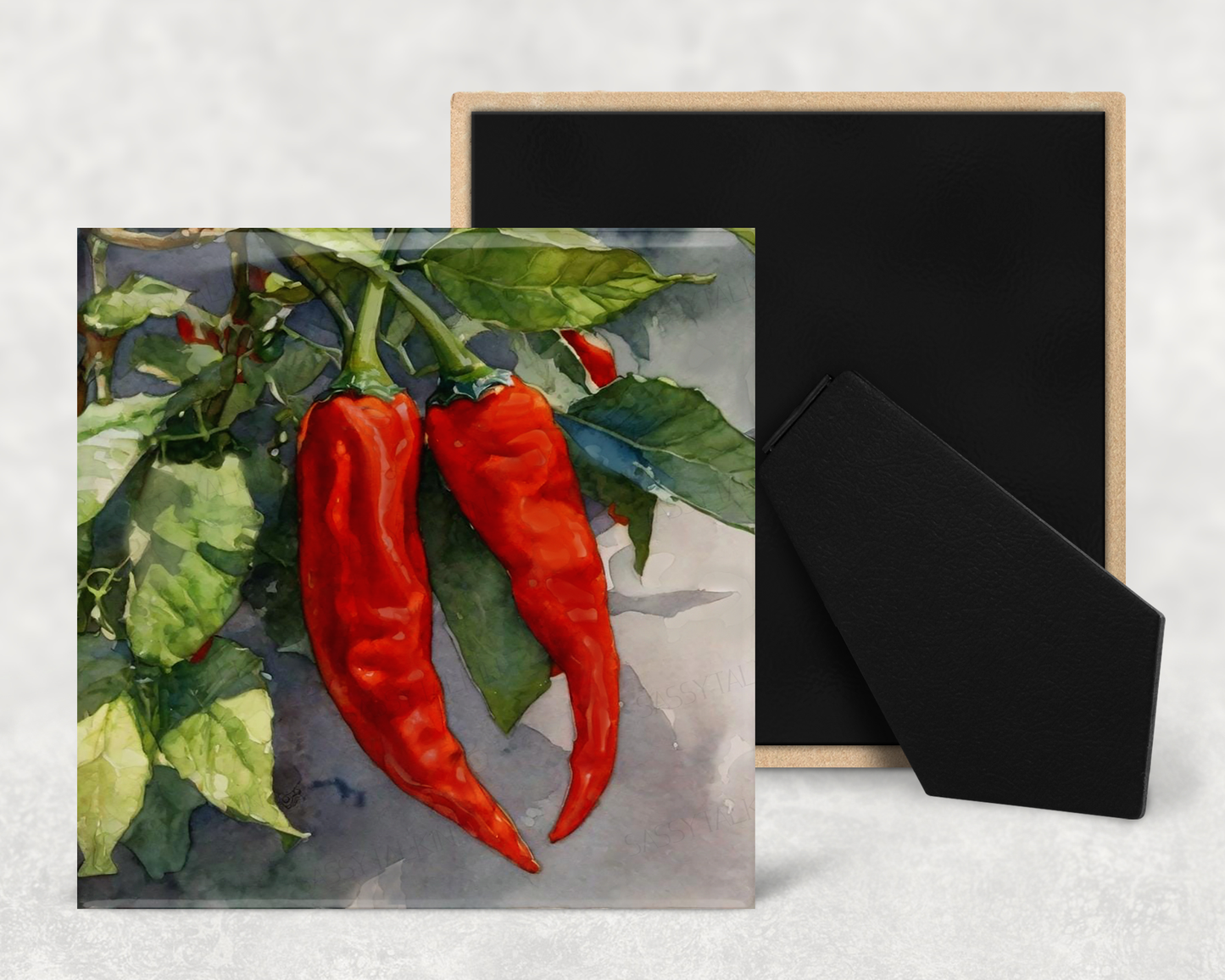 Art Tile, FV, Chili Peppers, 4"x4" or 6"x6", Ceramic, watercolor, easel back