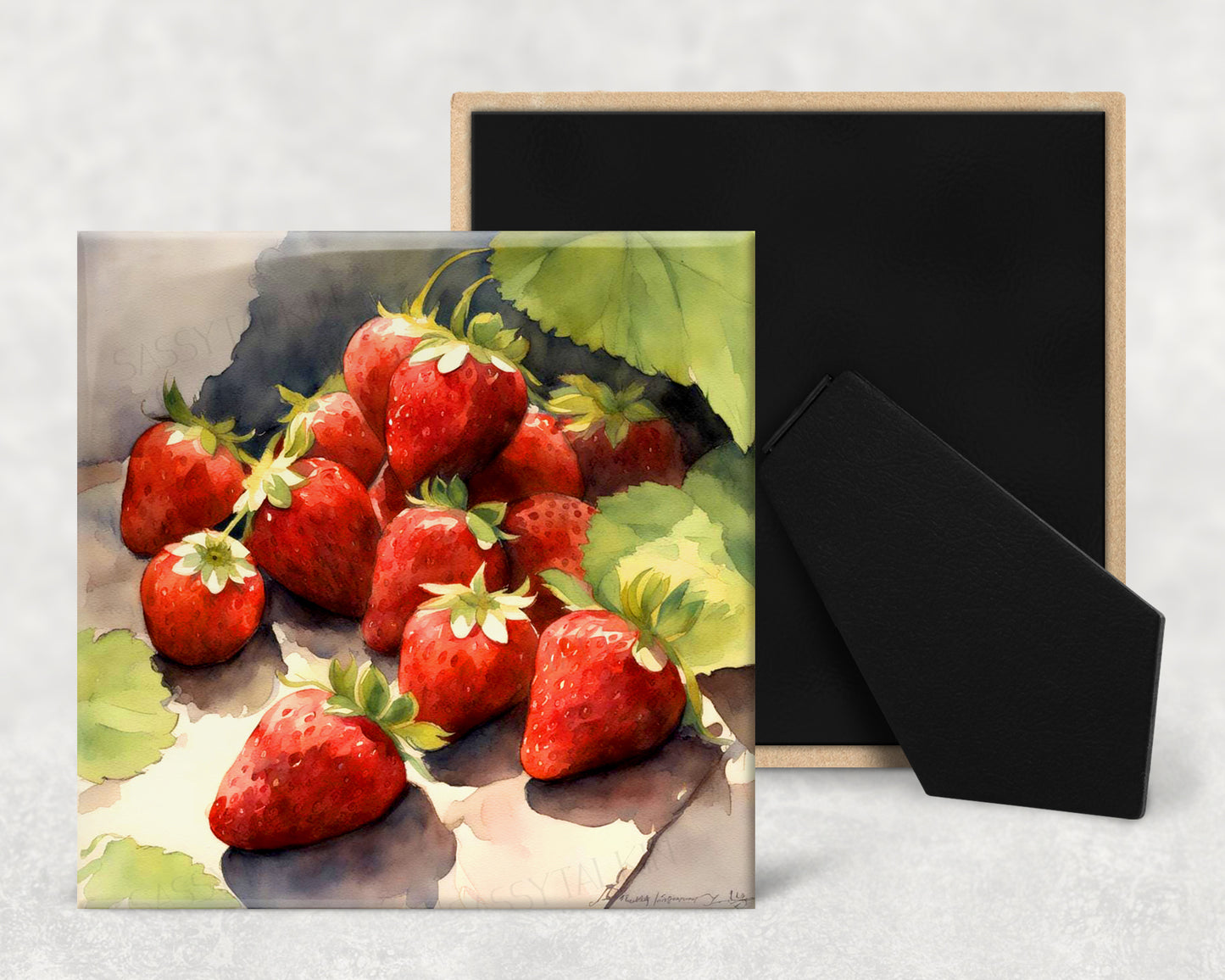 Art Tile, FV, Strawberries , 4"x4" or 6"x6", Ceramic, watercolor, easel back