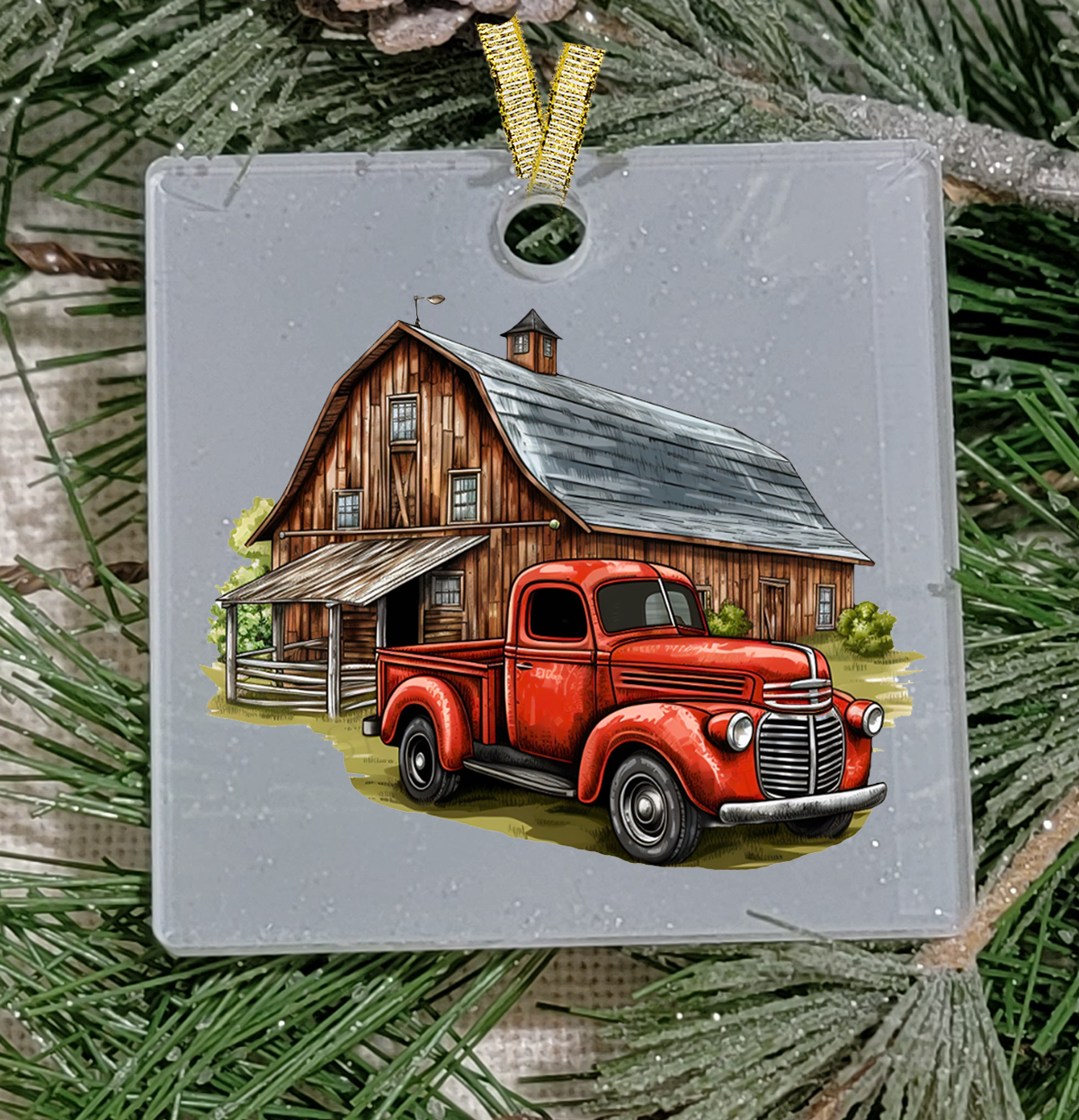 Christmas Ornament, Country, Red truck and barn, Frosted Acrylic, name drop available