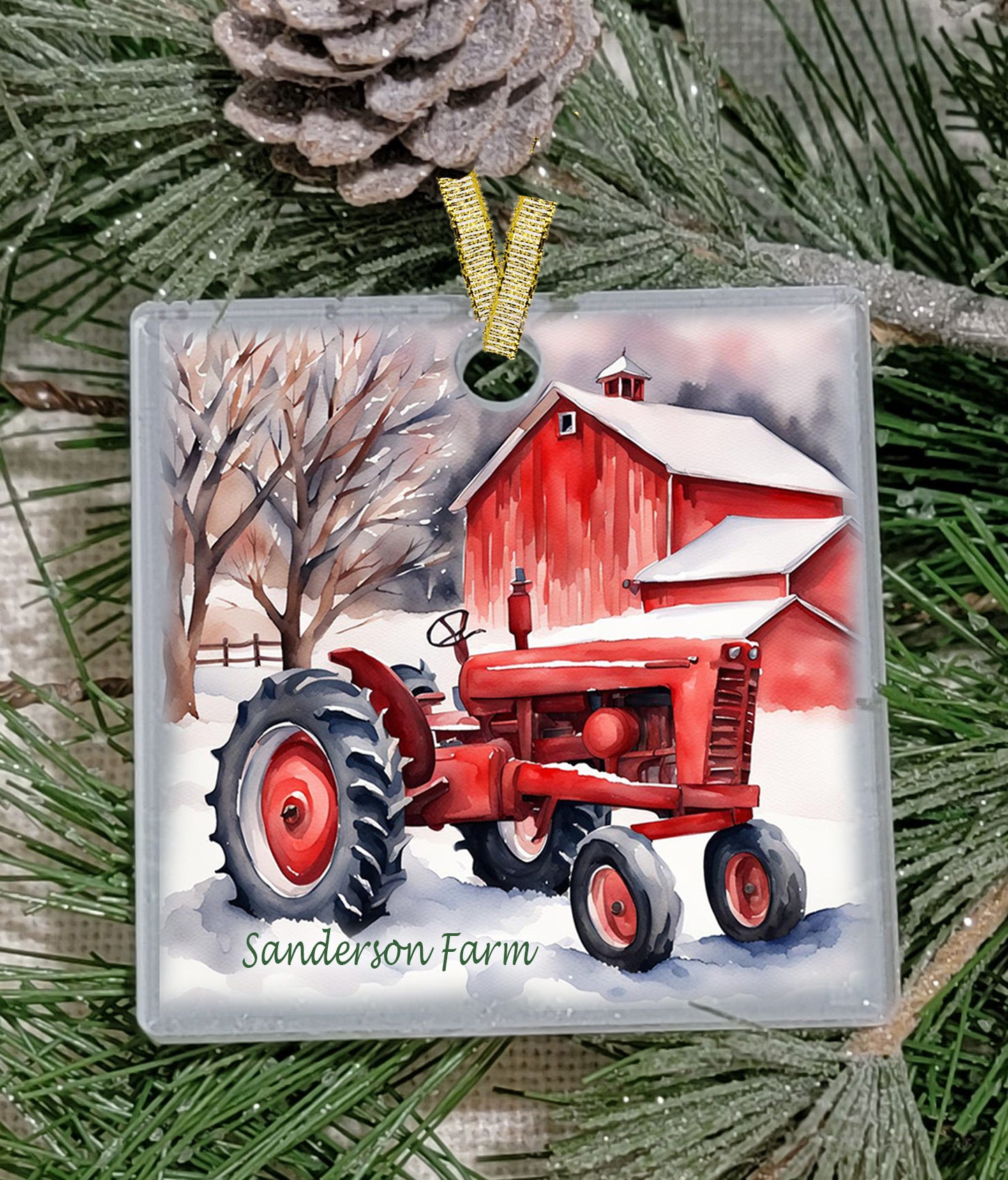 Christmas Ornament, Country, Red tractor , Frosted Acrylic, name drop available