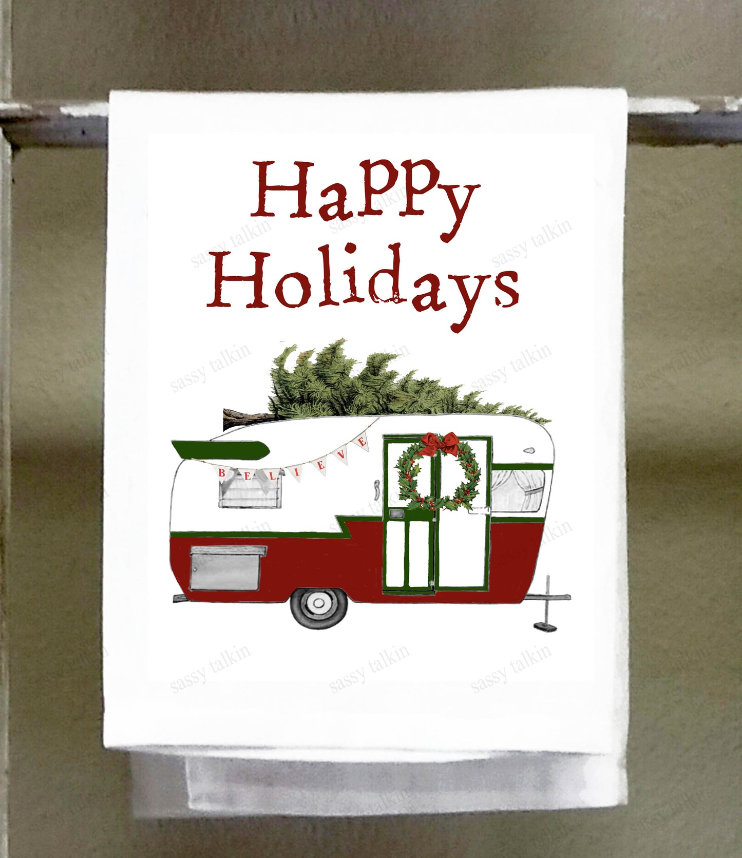 Camper Dish Towel, Red Camper, Happy Holidays