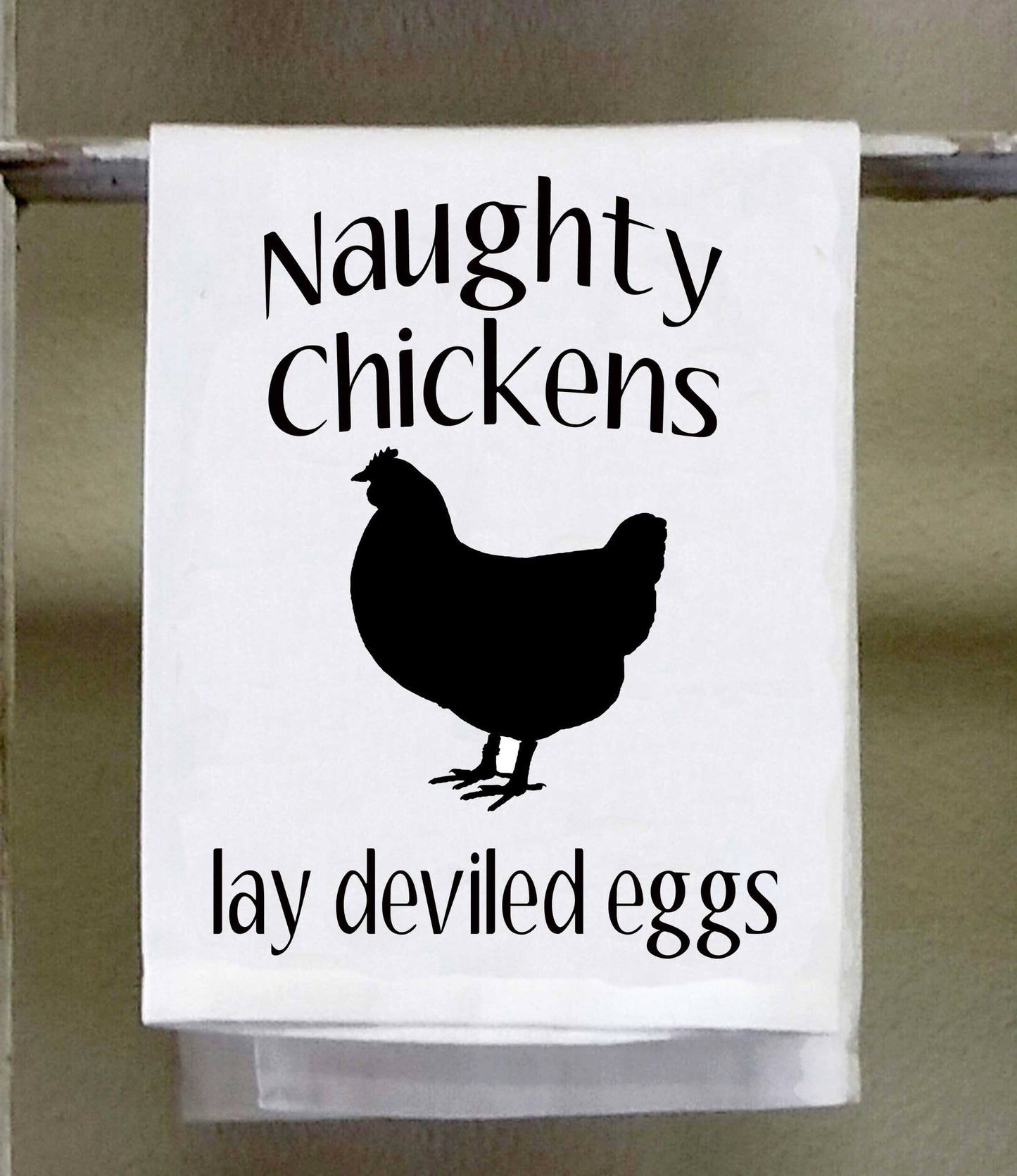 Country Dish Towel, Naughty Chickens lay deviled eggs