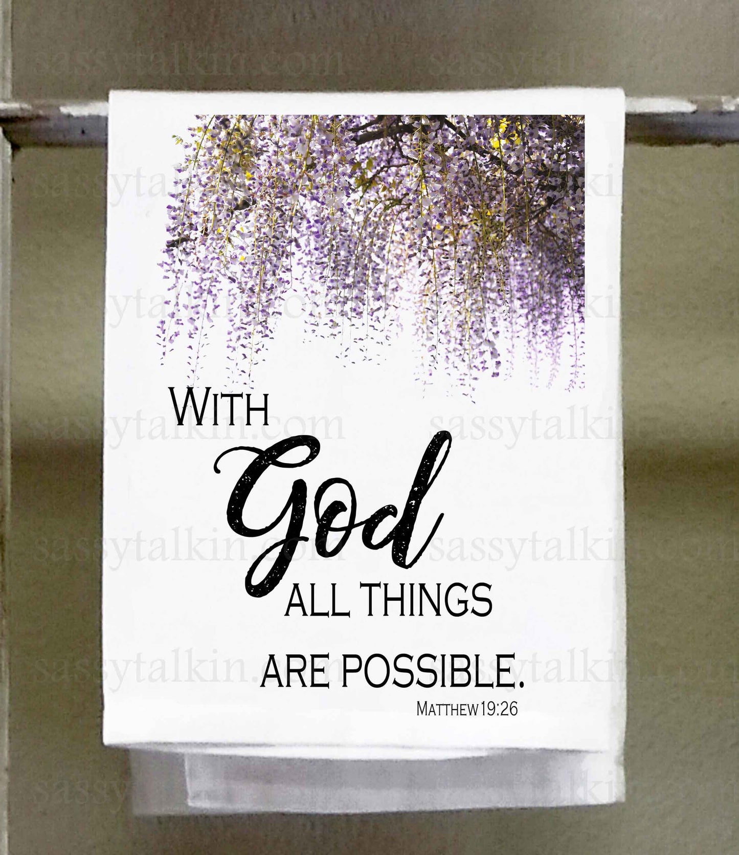 Inspirational Dish Towel, "With God all things are possible", wisteria