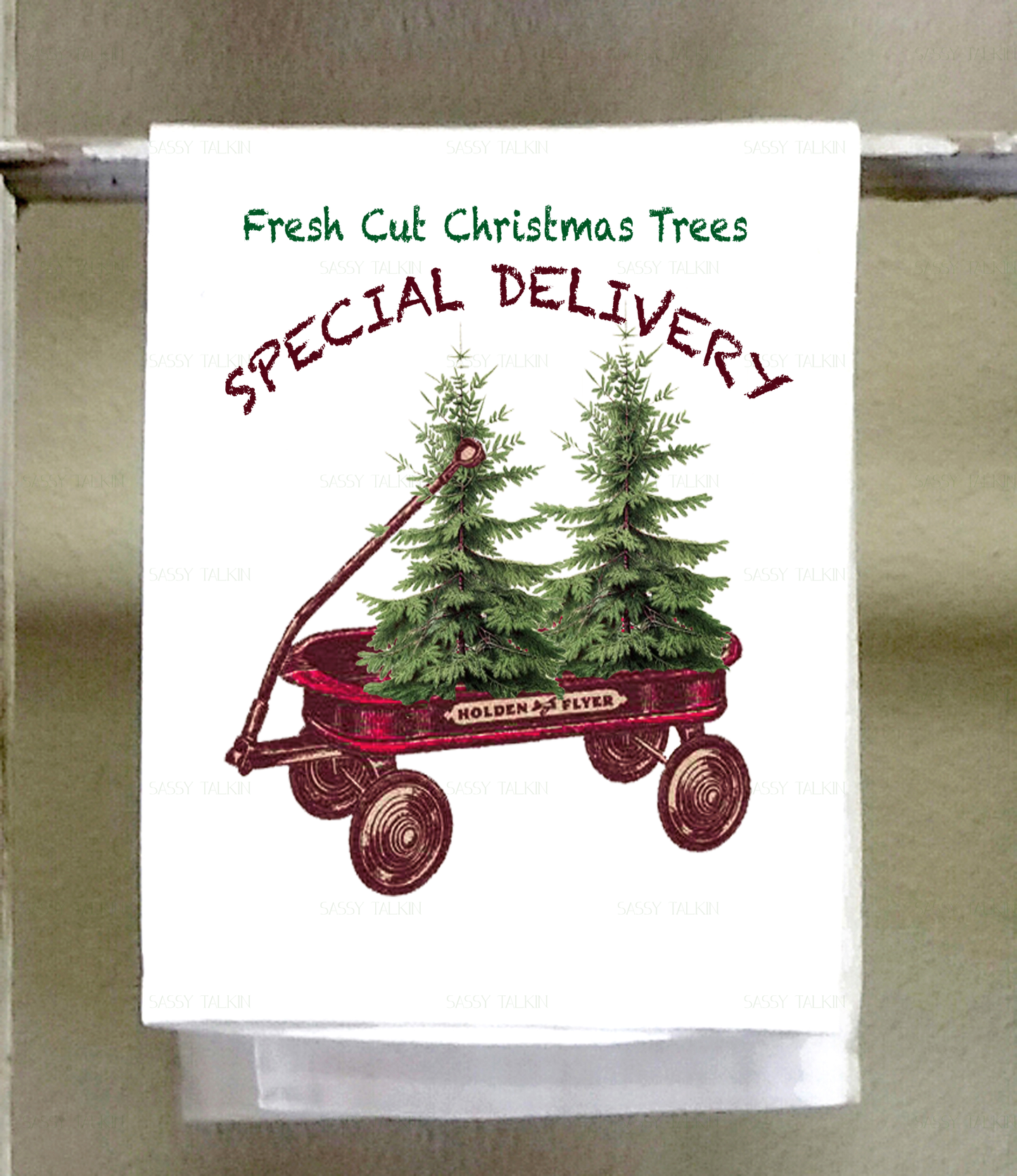 Christmas Dish Towel, Red wagon with Christmas Tree